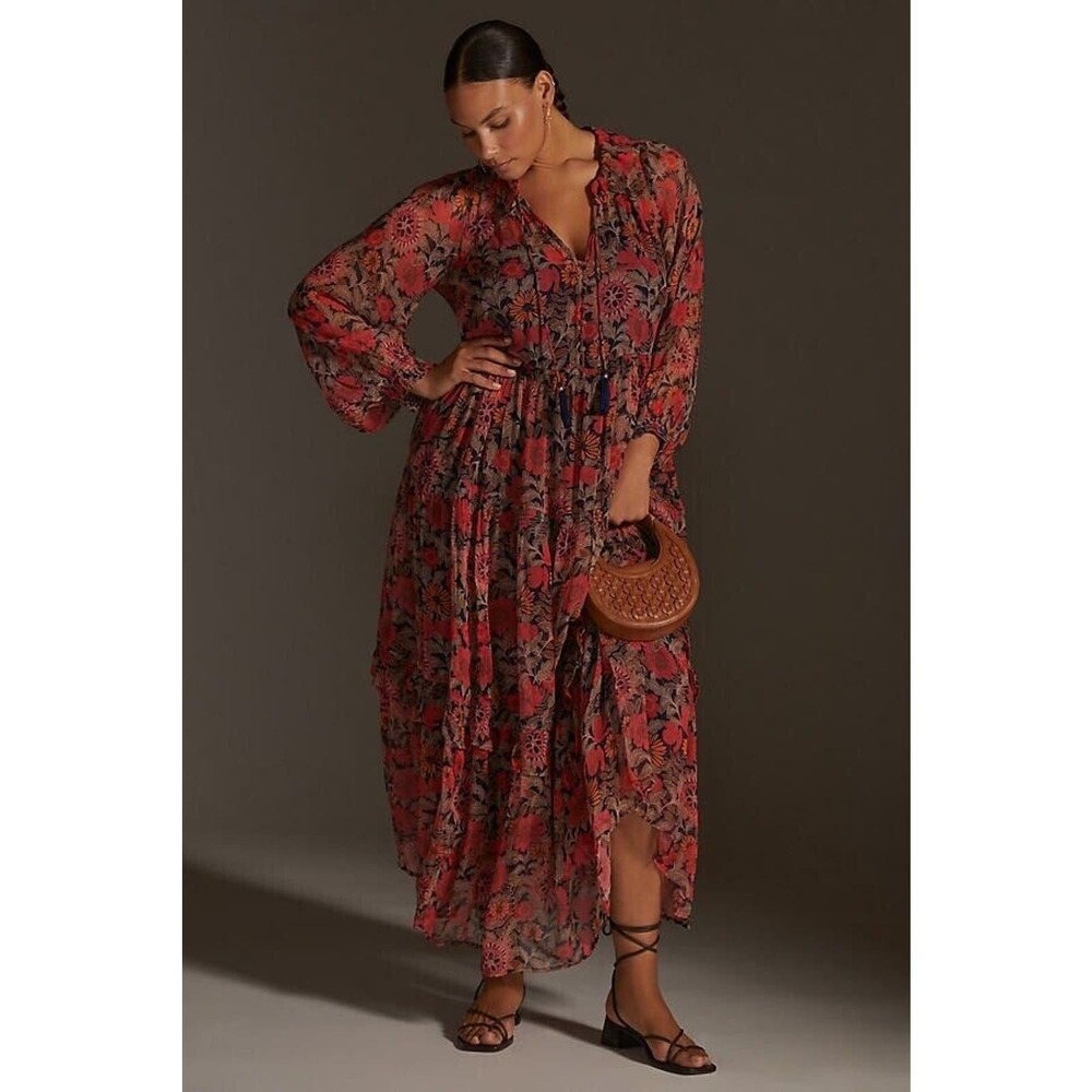 ANTHROPOLOGIE Marais Printed Chiffon Maxi Dress Medium Tiered Red Floral